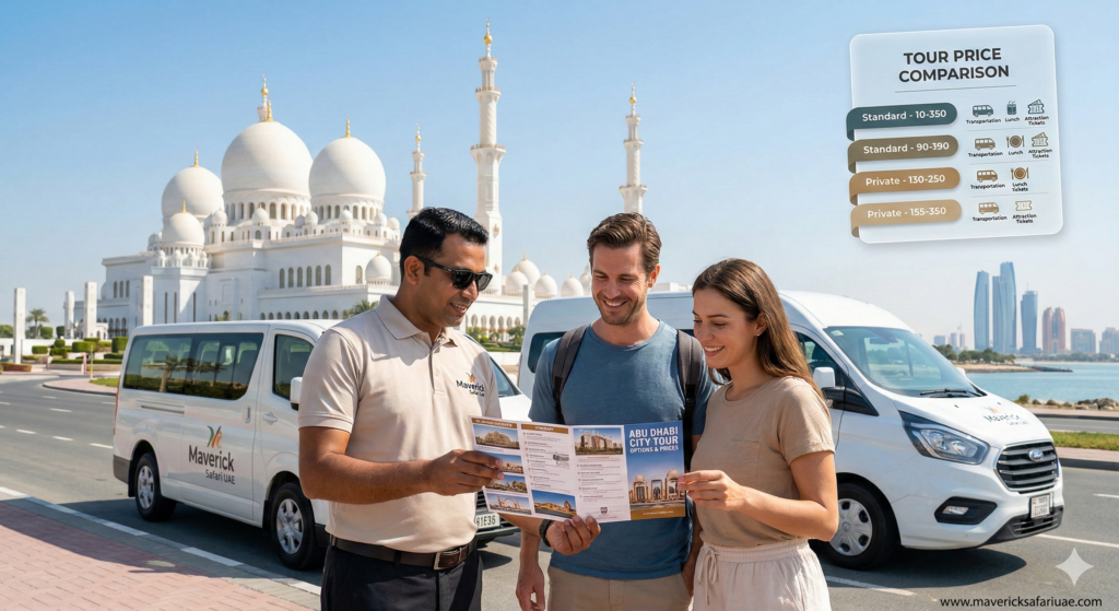 Abu Dhabi City Tour Price comparison with tourists reviewing tour brochure near Sheikh Zayed Grand Mosque and tour vans in Abu Dhabi