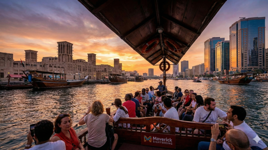 Dubai Sightseeing Tour Dubai Sightseeing Tour – Tourists enjoying an abra boat ride at sunset on Dubai Creek with historic buildings and skyline views.