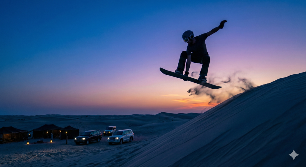 Sandboarding Dubai Sandboarding Dubai adventure at sunset with a rider jumping off a steep desert dune.