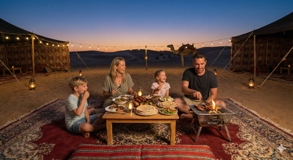 Family enjoying BBQ Dinner Desert Camp Dubai with grilled food and traditional desert camp setup at night