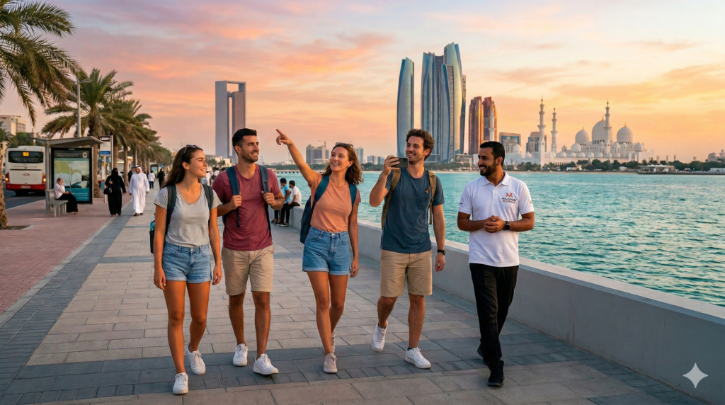 Cheap Abu Dhabi Tour Tourists walking along Abu Dhabi Corniche at sunset with skyline and mosque views on Cheap Abu Dhabi Tour.