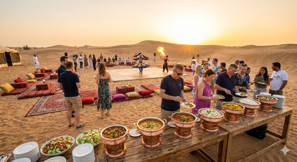 Buffet Dinner Desert Safari with guests enjoying traditional Arabian food at sunset in a desert camp