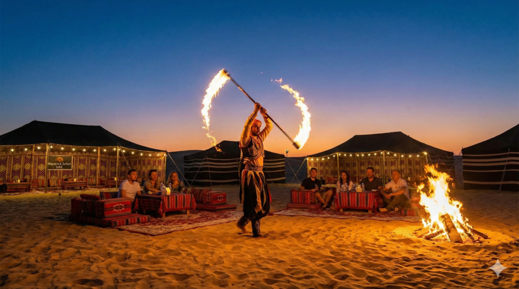 Fire Show Desert Safari at sunset with a performer spinning flaming torches as guests relax around a desert campfire