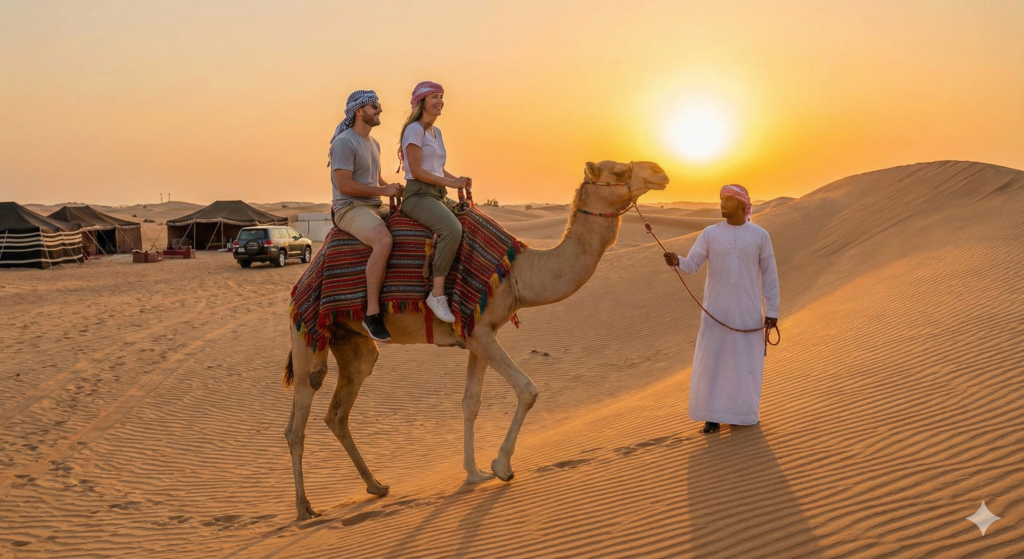 Tourists enjoying Camel Riding Dubai at sunset, guided by a local handler across golden desert sand dunes near a traditional desert camp