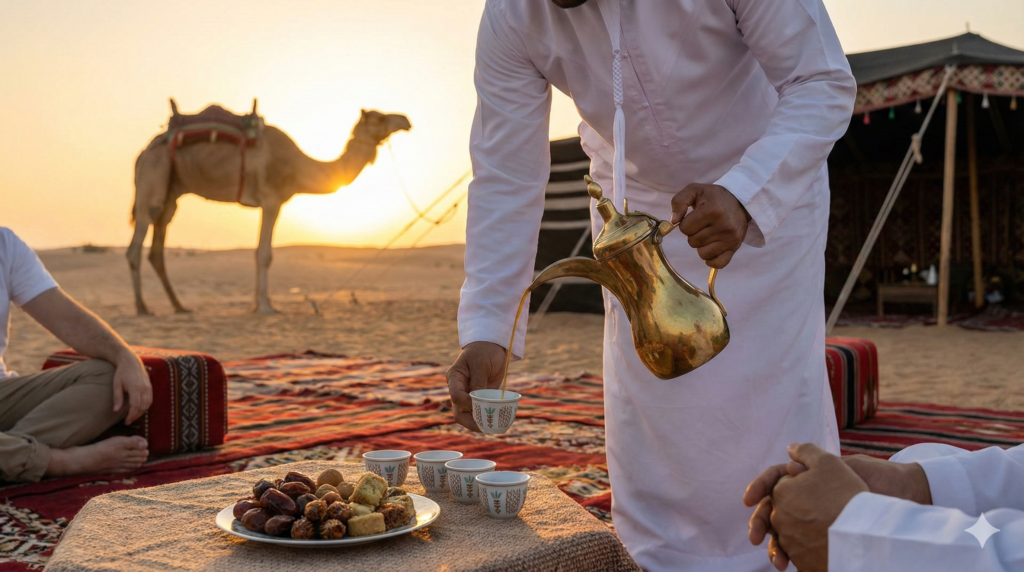 Desert Safari Entertainment Desert Safari Entertainment with traditional Arabic coffee serving and camel backdrop at Dubai sunset camp.