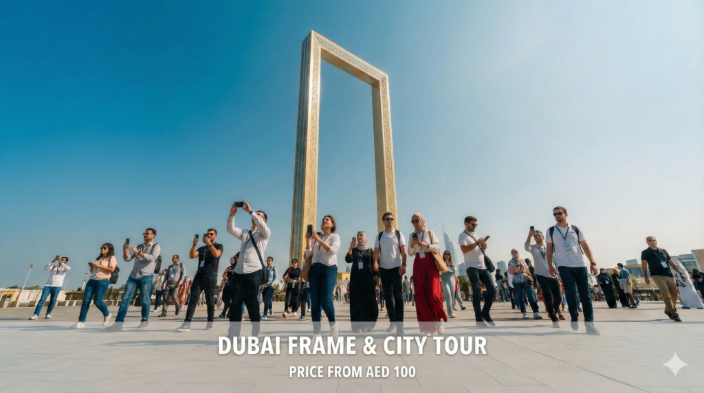 Dubai City Tour Price Dubai City Tour Price Tourists exploring Dubai Frame and capturing photos during a guided city tour experience.