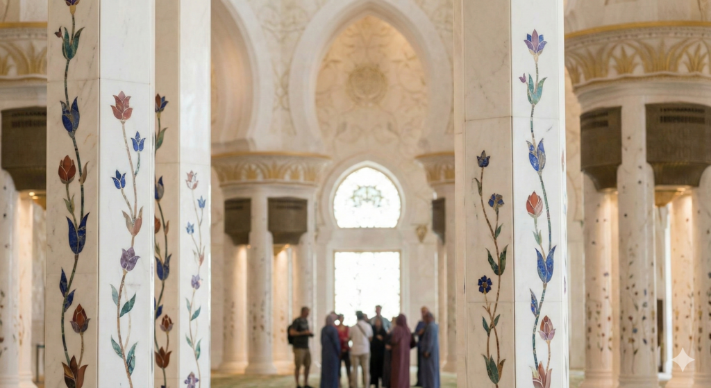 Visitors exploring the grand marble hall with floral inlay columns during a Sheikh Zayed Mosque Tour in Abu Dhabi.