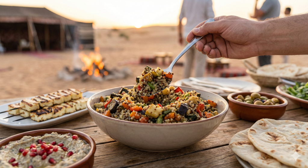 Vegetarian Desert Safari Dubai Vegetarian Desert Safari Dubai meal featuring quinoa salad, grilled halloumi, hummus, olives, and fresh pita bread at a desert camp