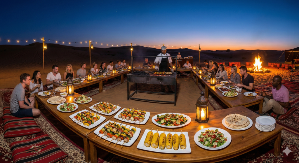 Veg BBQ Desert Safari Veg BBQ Desert Safari dinner with guests enjoying grilled vegetables and campfire feast in Dubai desert night