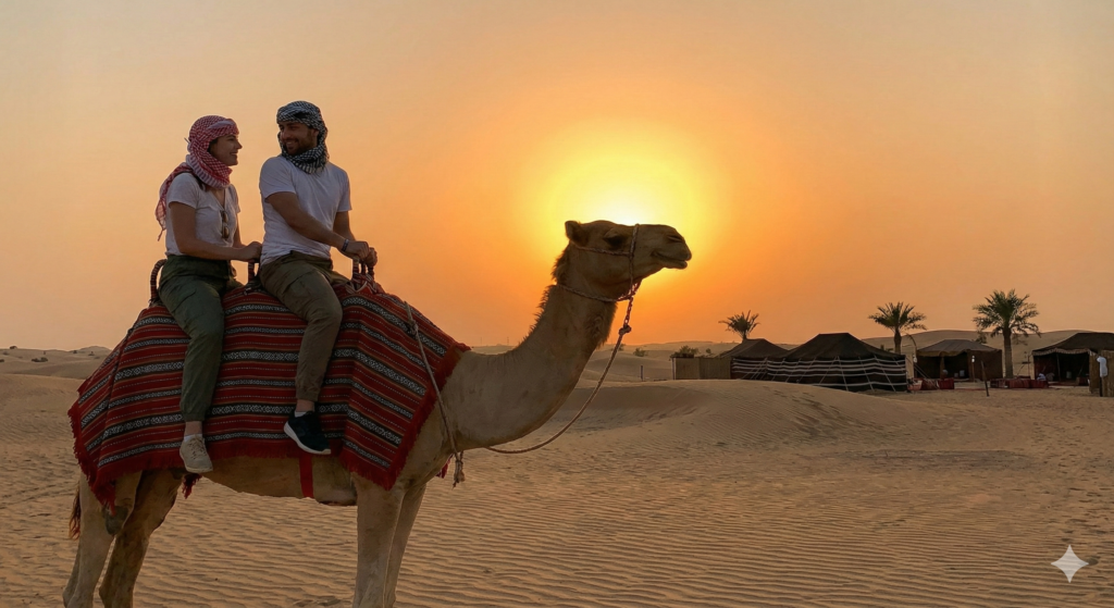 Tourists enjoying Camel Riding Dubai during sunset, riding a traditional camel across golden desert dunes with Bedouin camps in the background