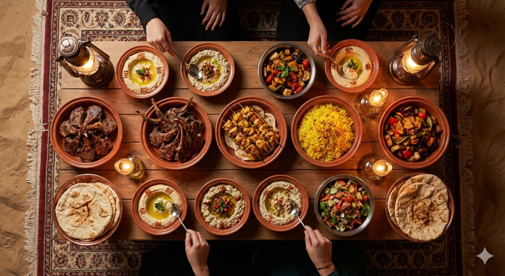 Traditional Arabic food spread at a Buffet Dinner Desert Safari with grilled meats, hummus, salads, and flatbread