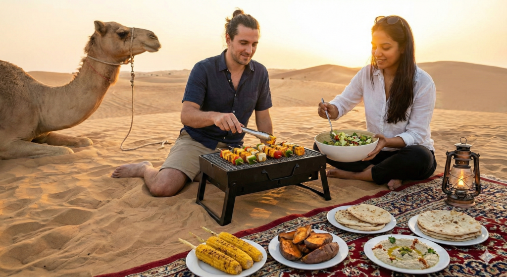 Veg BBQ Desert Safari Veg BBQ Desert Safari with couple grilling vegetables, fresh salads and camel at Dubai sunset.