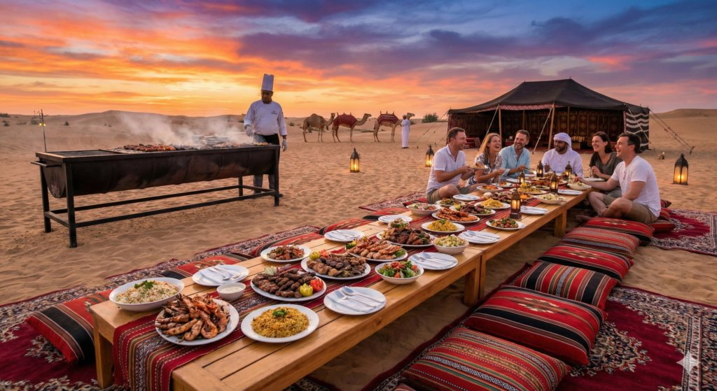 Desert Safari with BBQ Dinner at sunset featuring tourists enjoying grilled food in a traditional desert camp