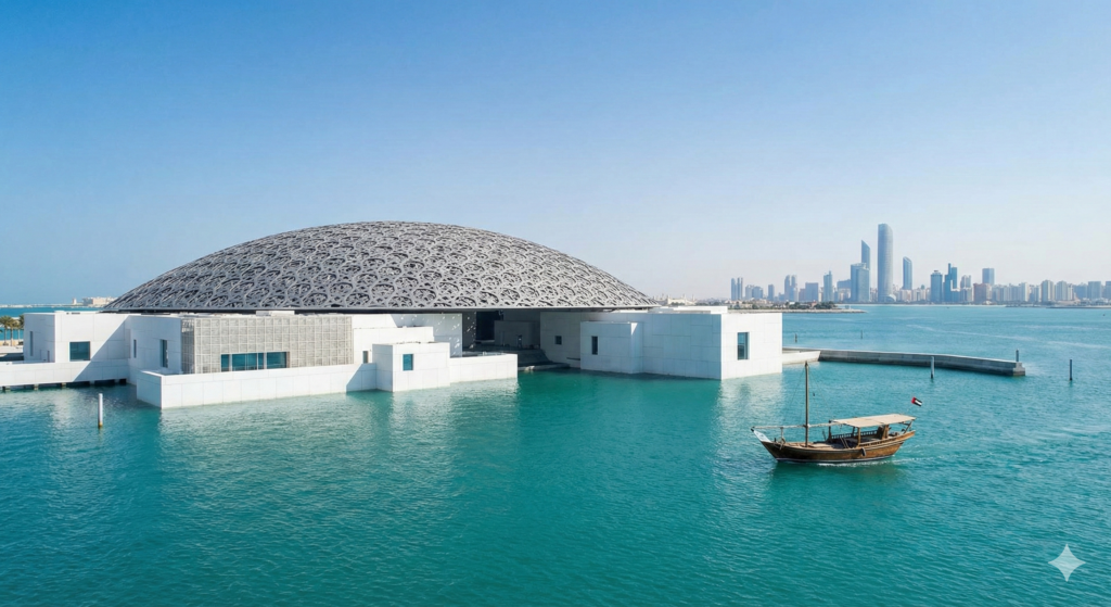 Abu Dhabi Tour Package Abu Dhabi Tour Package featuring Louvre Abu Dhabi with its iconic dome and dhow boat on turquoise waters against the city skyline.