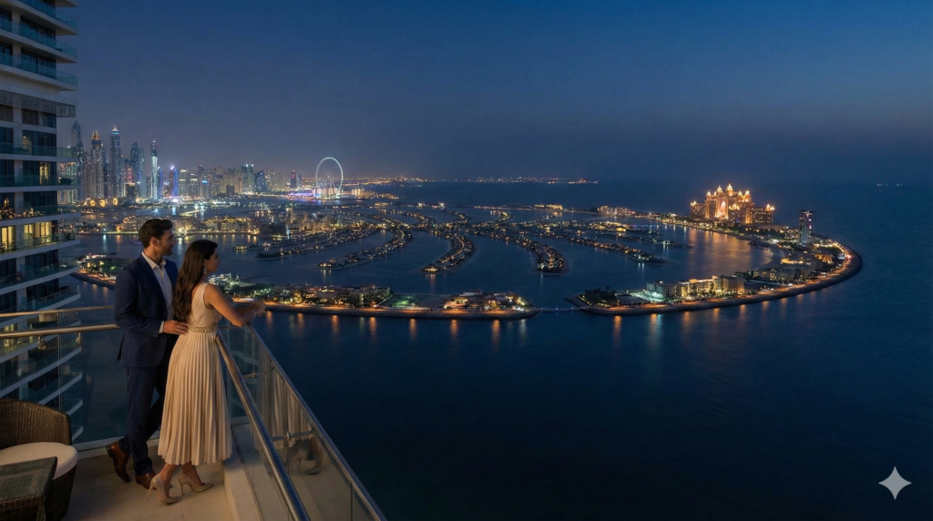 Dubai Sightseeing Tour Dubai Sightseeing Tour – Elegant couple enjoying a luxury balcony view of Palm Jumeirah and Atlantis at night in Dubai.