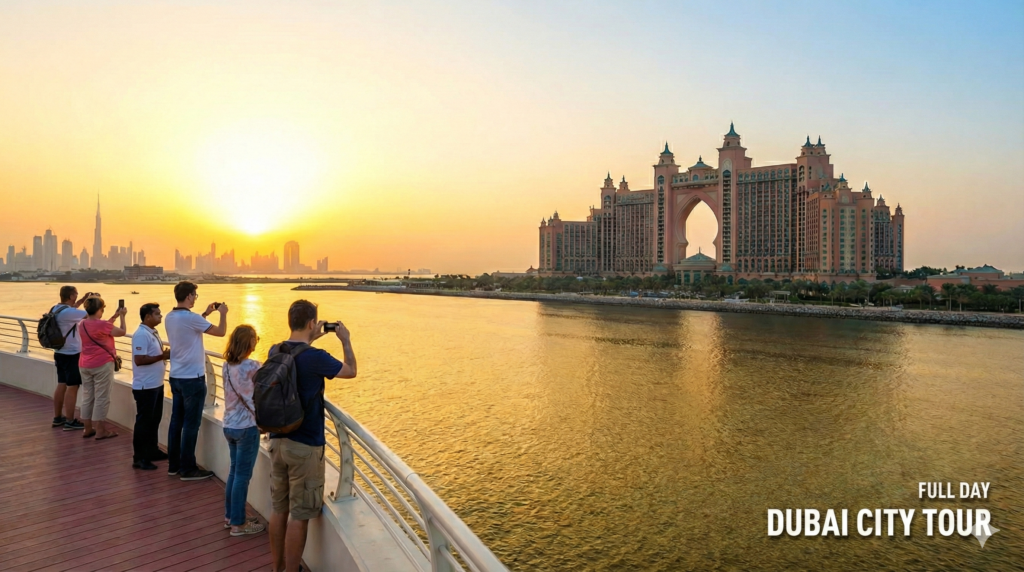 Full Day Dubai City Tour Full Day Dubai City Tour with tourists enjoying sunset views of Atlantis The Palm and Dubai skyline from Palm Jumeirah waterfront