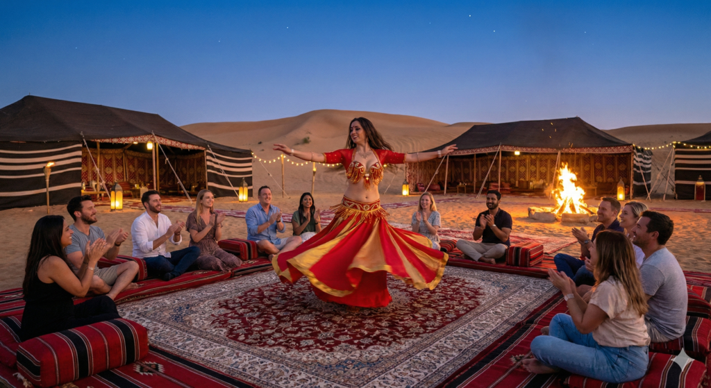 Tanoura dance desert safari show with spinning LED performer entertaining guests at Dubai desert camp.