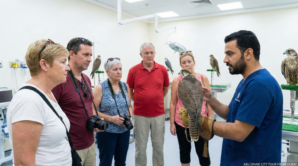 Abu Dhabi Tour From Dubai Abu Dhabi Tour From Dubai featuring visitors learning about traditional falconry at a falcon hospital in Abu Dhabi