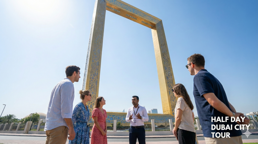Half Day Dubai City Tour with tourists and guide at Dubai Frame landmark in Zabeel Park under clear blue sky