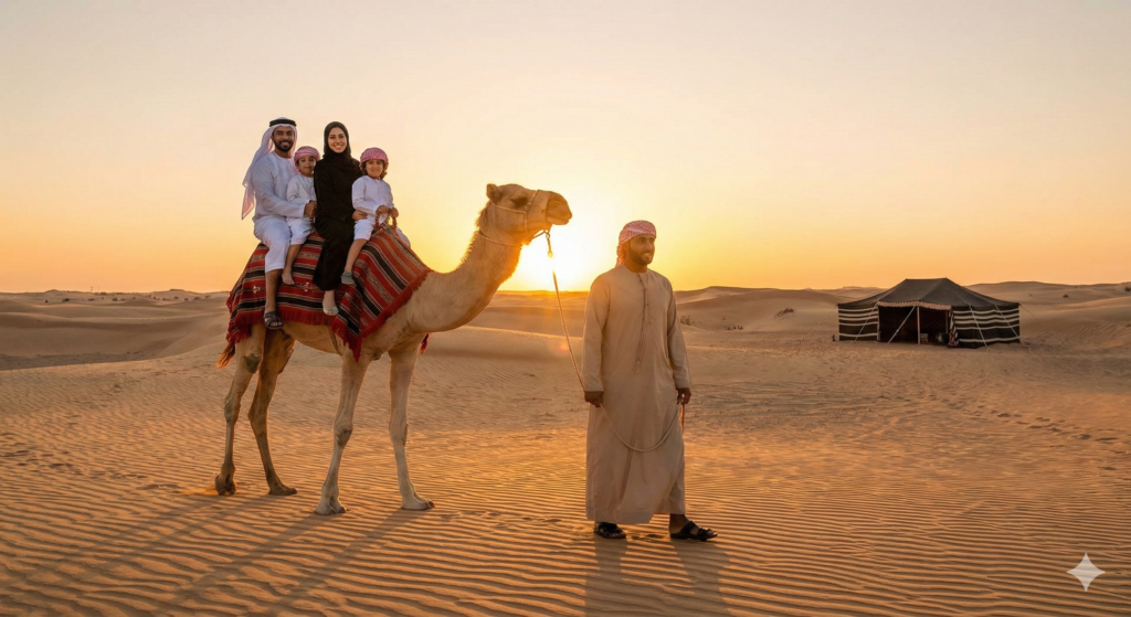Camel Trekking Dubai Camel Trekking Dubai family desert safari with parents and children riding camel led by local guide during golden sunset