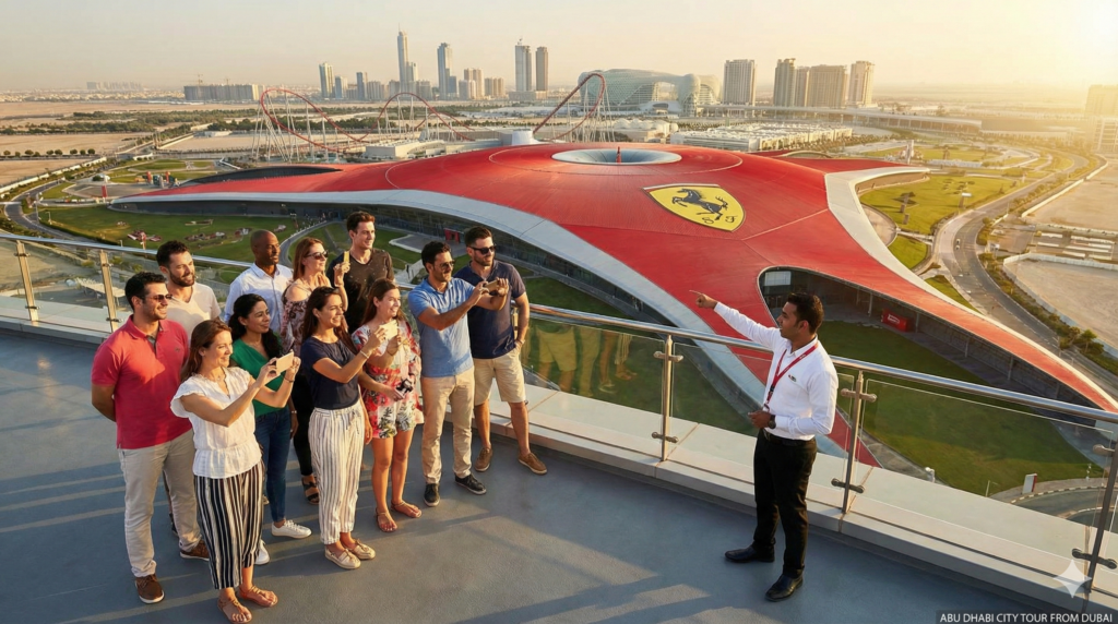 Abu Dhabi City Tour From Dubai Abu Dhabi City Tour From Dubai Tourists visiting Ferrari World Abu Dhabi with a professional guide during a full-day sightseeing experience from Dubai.