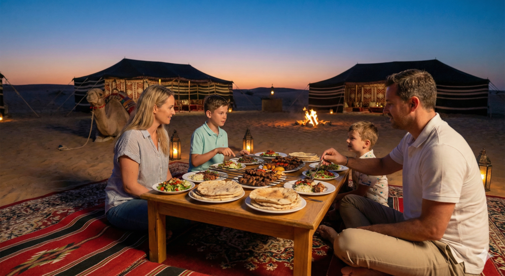 Family enjoying an Arabian BBQ Dubai Desert dinner at a traditional Bedouin camp with grilled food, lanterns, and tents at sunset