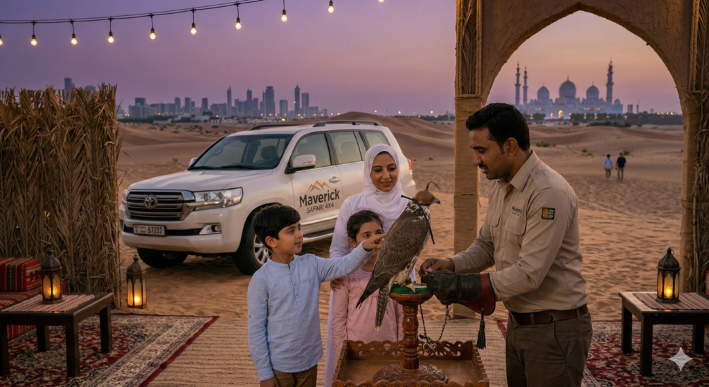 Abu Dhabi Day Trip From Dubai Family enjoying a falconry experience in the desert during an Abu Dhabi Day Trip From Dubai with Sheikh Zayed Grand Mosque at sunset.