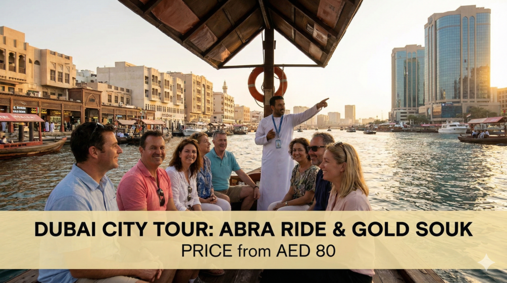 Dubai City Tour Price Dubai City Tour Price Tourists enjoying an abra ride on Dubai Creek with Gold Souk and city skyline views at sunset.