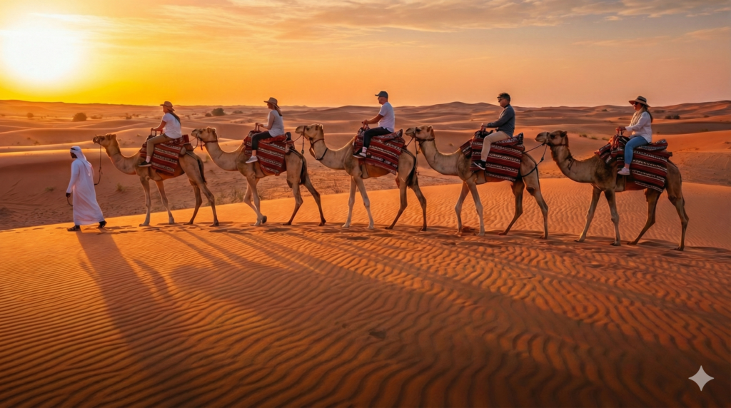 Camel Trekking Dubai adventure with tourists riding camels in a desert caravan during golden sunset over Arabian sand dunes