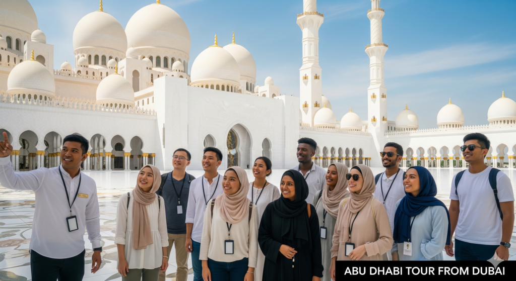 Abu Dhabi Tour From Dubai with group of tourists visiting Sheikh Zayed Grand Mosque and exploring its iconic white domes and courtyard