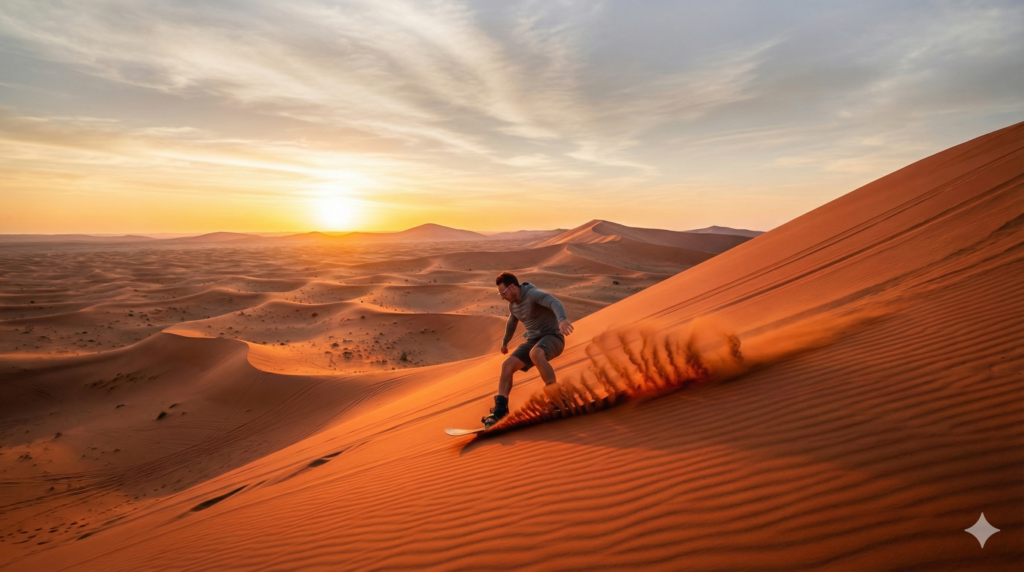 Adventure seeker enjoying Sandboarding Dubai at sunset, sliding down golden desert dunes with dramatic sand spray and vast Arabian desert landscape in the background