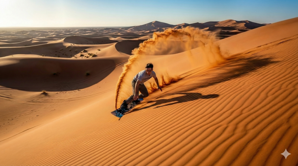 Sand Surfing Dubai adventure as a rider glides down golden desert dunes with dramatic sand spray