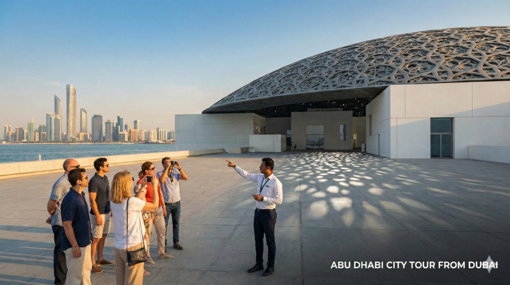 Abu Dhabi City Tour From Dubai Abu Dhabi City Tour From Dubai Tourists exploring Louvre Abu Dhabi with skyline views during a guided full-day sightseeing experience.