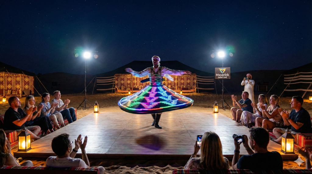 Desert Safari Entertainment Desert Safari Entertainment with Tanoura dance performance and guests enjoying live show at Dubai desert camp night.