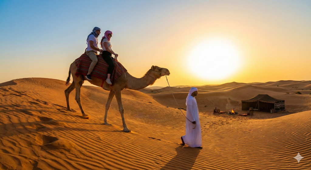 Couple enjoying Camel Riding Dubai at sunset, guided by a local handler across golden sand dunes near a traditional desert camp