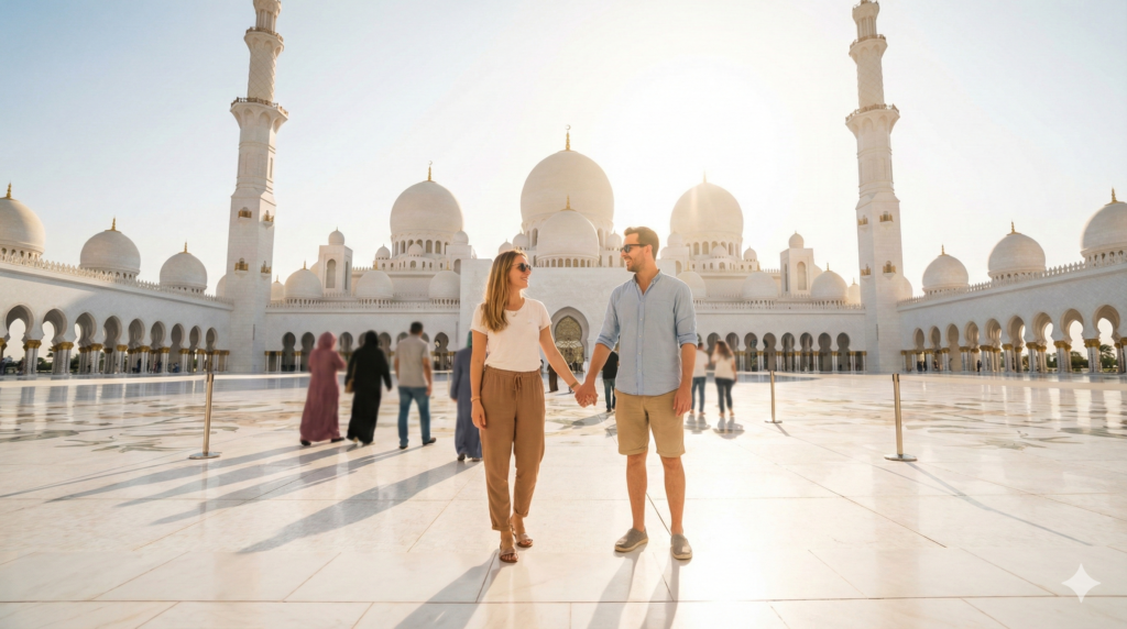 Abu Dhabi City Tour From Dubai Couple visiting Sheikh Zayed Grand Mosque during a full-day guided sightseeing experience from Dubai, enjoying iconic white domes and Islamic architecture.