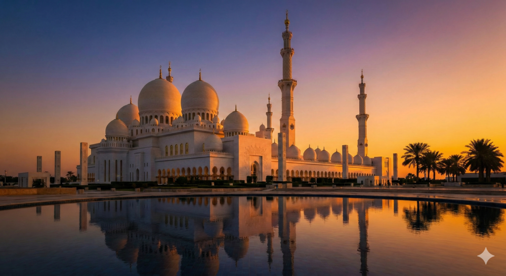 Sheikh Zayed Mosque Tour at sunset featuring grand white domes, tall minarets, and reflection pool in Abu Dhabi.