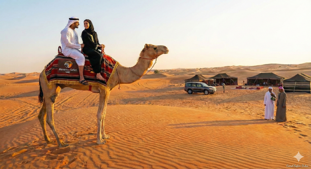 Couple enjoying a traditional camel ride during a Camel Safari Dubai, surrounded by golden sand dunes, desert camp tents, and a serene sunset landscape in the Arabian desert