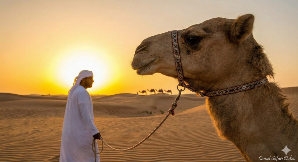 Camel Safari Dubai at sunset featuring a traditional Emirati guide leading a camel across golden sand dunes, with a scenic desert landscape and distant camel caravan creating an authentic Arabian safari experience