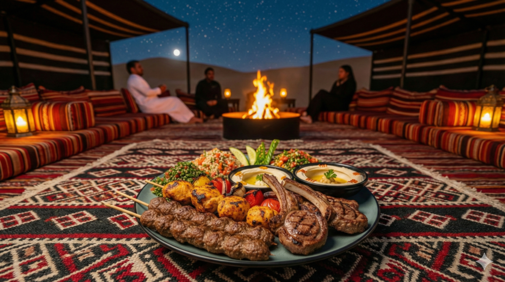 BBQ Dinner Desert Camp Dubai with grilled meats served in a traditional Arabian desert setting at night