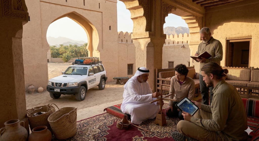 A local guide in traditional dress explaining ancient history and navigation to tourists at a desert fort during an Al Ain Day Trip.