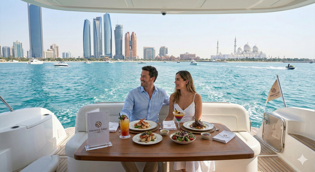 Abu Dhabi Tour With Lunch Couple enjoying luxury yacht dining experience during Abu Dhabi Tour With Lunch with skyline and Sheikh Zayed Grand Mosque views