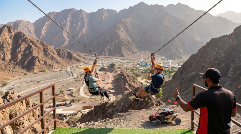 Experience the ultimate adrenaline rush on the Hatta Zip Line, a highlight of guided mountain tours in the Hajar Mountains.