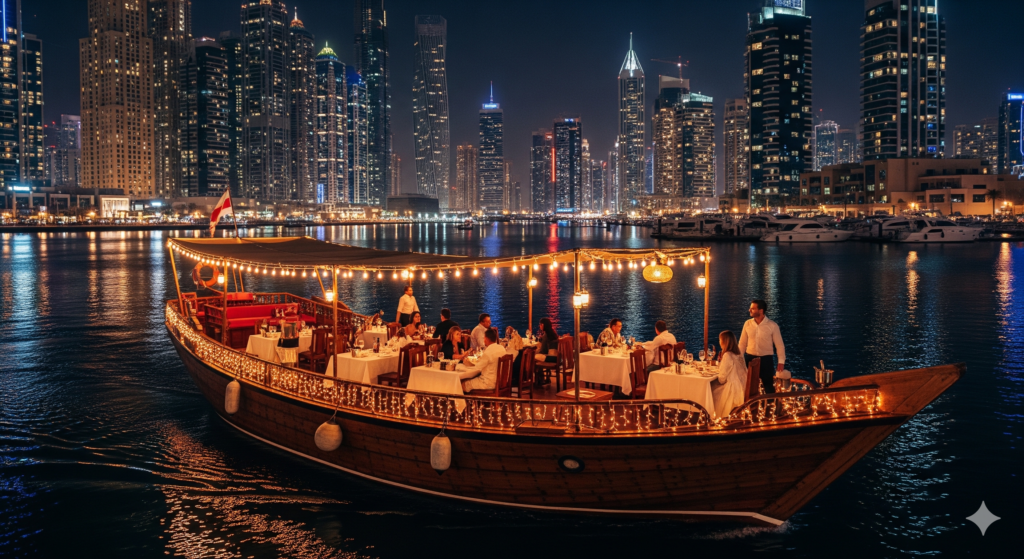 A traditional wooden boat illuminated with fairy lights on a Dubai Marina Dhow Cruise at night, featuring fine dining on deck against the glowing skyscraper skyline.