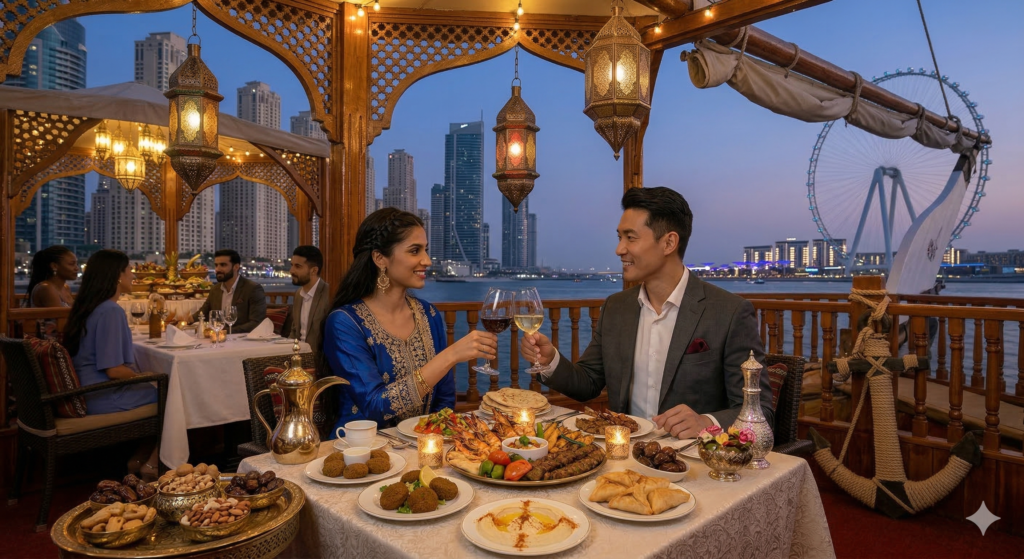 Dhow Cruise Dinner Dubai Authentic Middle Eastern dining experience on a Dhow Cruise Dinner Dubai with traditional lanterns, hummus, kebabs, and the illuminated Dubai Marina skyline.