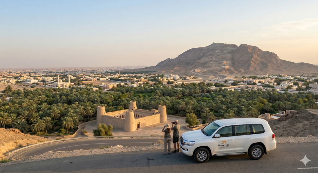 Tourists taking photos of the Al Ain landscape and traditional mud-brick forts from a mountain viewpoint on a guided Al Ain City Tour From Dubai.