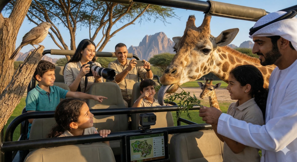 Al Ain Zoo Tour Close-up of kids and parents experiencing an interactive giraffe feeding with the Hajar Mountains in the background on a professional Al Ain Zoo Tour.