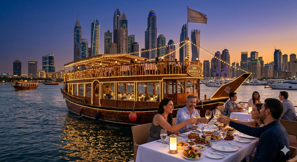 Tourists enjoying a gourmet buffet and clinking glasses during a Dinner Cruise Dubai Marina on a Maverick Safari UAE traditional dhow at sunset.