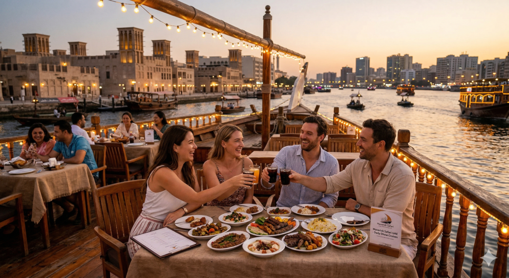 A group of friends enjoying a Cheap Dhow Cruise Dubai at sunset, featuring a full Arabic dinner spread and views of the historic Al Seef wind towers.