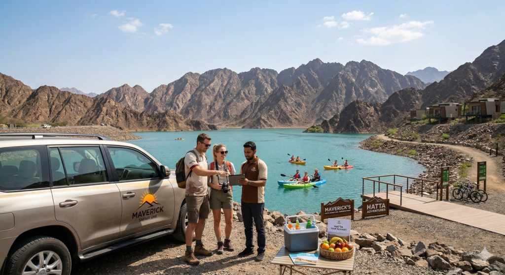 Couple checking a tablet with a Maverick Safari guide by Hatta Dam to review the best packages and Hatta Tour Dubai price.